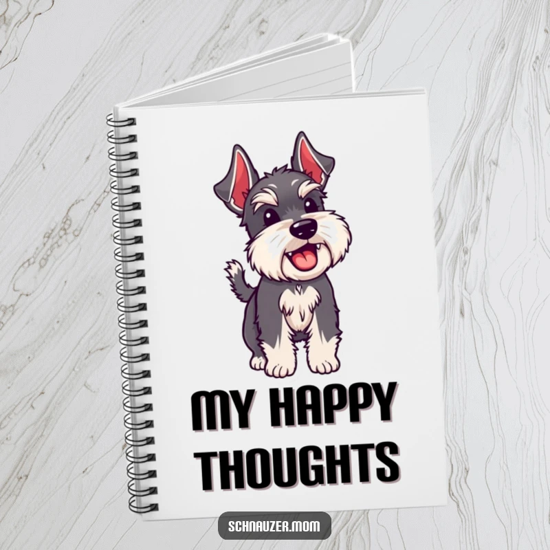 Funny Schnauzer dog wagging its bristly tail on the cover of a notebook, inviting happy notes.