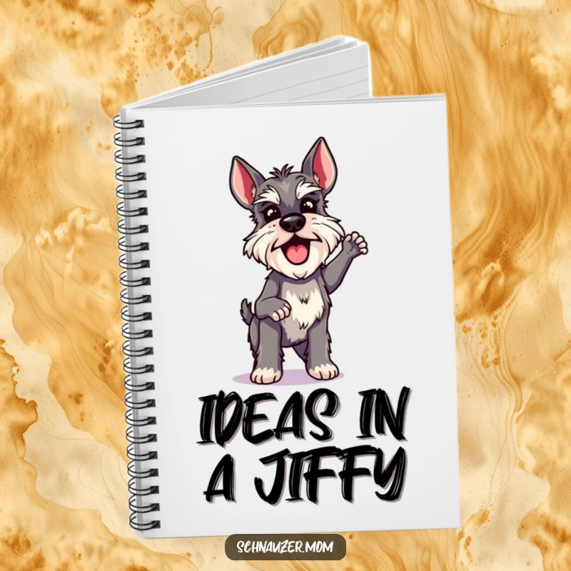 Funny Schnauzer Lady Notebook, doing a quick and excited shake with pure energy, perfect for jotting down creative thoughts.