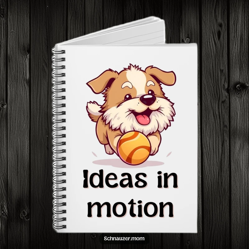 Funny dog with a fluffy beard joyfully chasing a bouncing ball. Notebook cover.