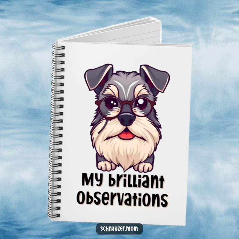 Funny kawaii Schnauzer dog with a distinguished beard and monocle, featured on the cover of a sophisticated notebook.