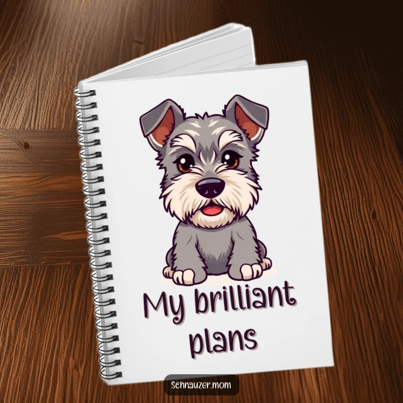 Funny Kawaii Schnauzer notebook, a dog with bushy eyebrows furrowed in playful curiosity, ideal for jotting notes.