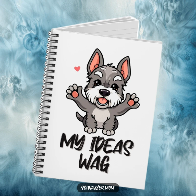 Funny Kawaii Schnauzer notebook with a dog enthusiastically wagging its tail, offering a cheerful hello to your notes.