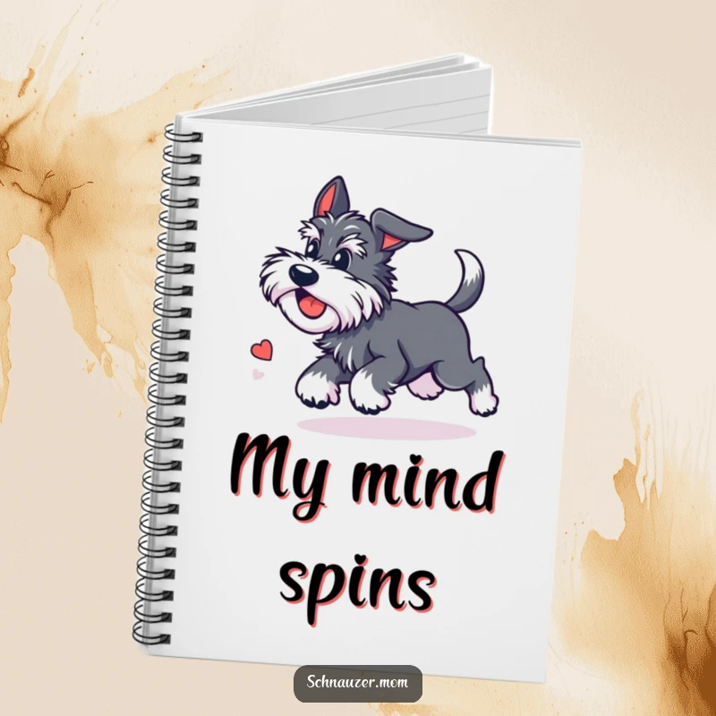 Funny Kawaii Schnauzer notebook featuring a cute dog chasing its tail with dizzying delight, ideal for notes and journaling with a humorous theme.