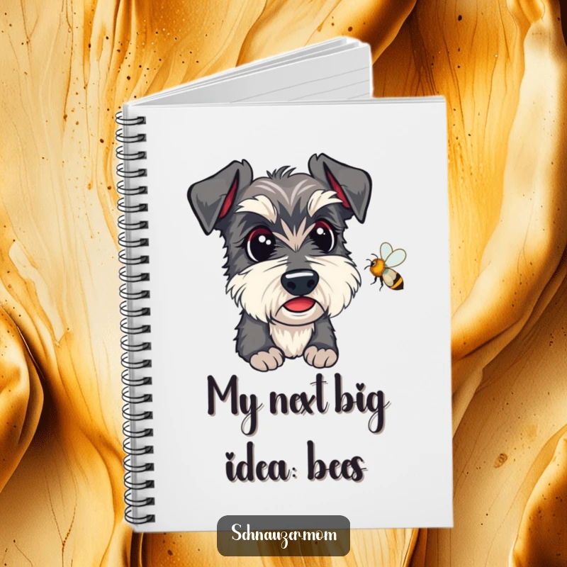 Funny Kawaii Schnauzer Notebook, with alert eyes watching a bee, ideal for notes and doodles.