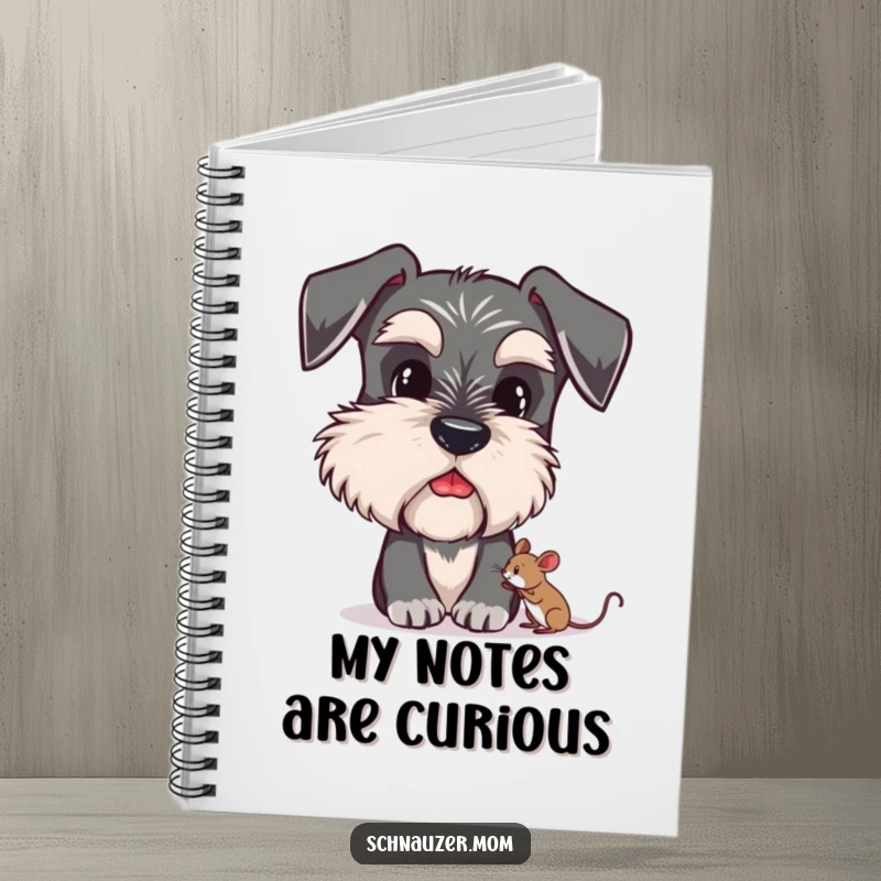 Funny Schnauzer notebook with a cover showing a dog with bushy eyebrows curiously investigating a tiny mouse, great for notes.