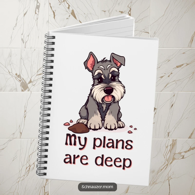 Funny Schnauzer lady notebook featuring a dog digging energetically, ideal for planning expeditions or jotting down notes with an adventurous flair.