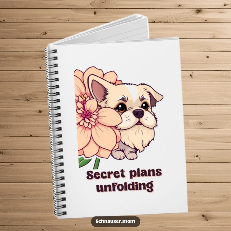 Funny dog with a full beard peeking playfully from behind a large flower. Notebook cover.