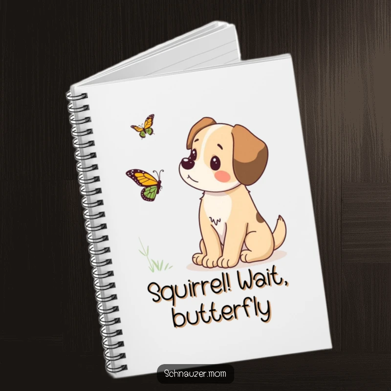 Funny notebook with a dog's humorous, attentive gaze fixed on a butterfly, ideal for journaling or sketching with a touch of canine charm.
