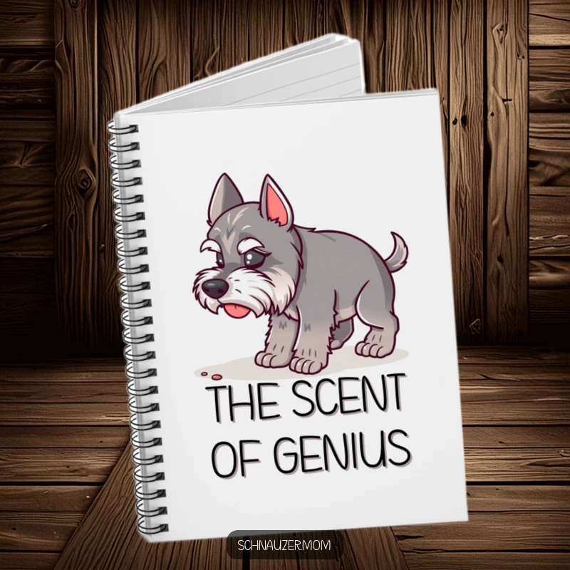 Funny Schnauzer Lady Notebook with a dog focused on sniffing the ground. Ideal for journaling, a funny gift.