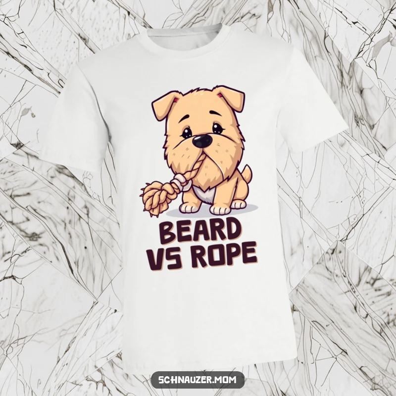 Funny Bearded Dog T-Shirt: A dog sporting a cool beard is enthusiastically playing tug-of-war with a rope toy, full of playful energy.