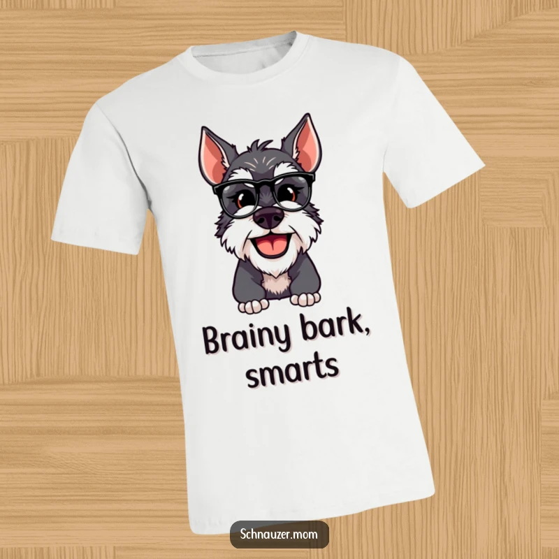 Funny Schnauzer dog smiling while adjusting its spectacles, radiating intelligence on a comfortable t-shirt.