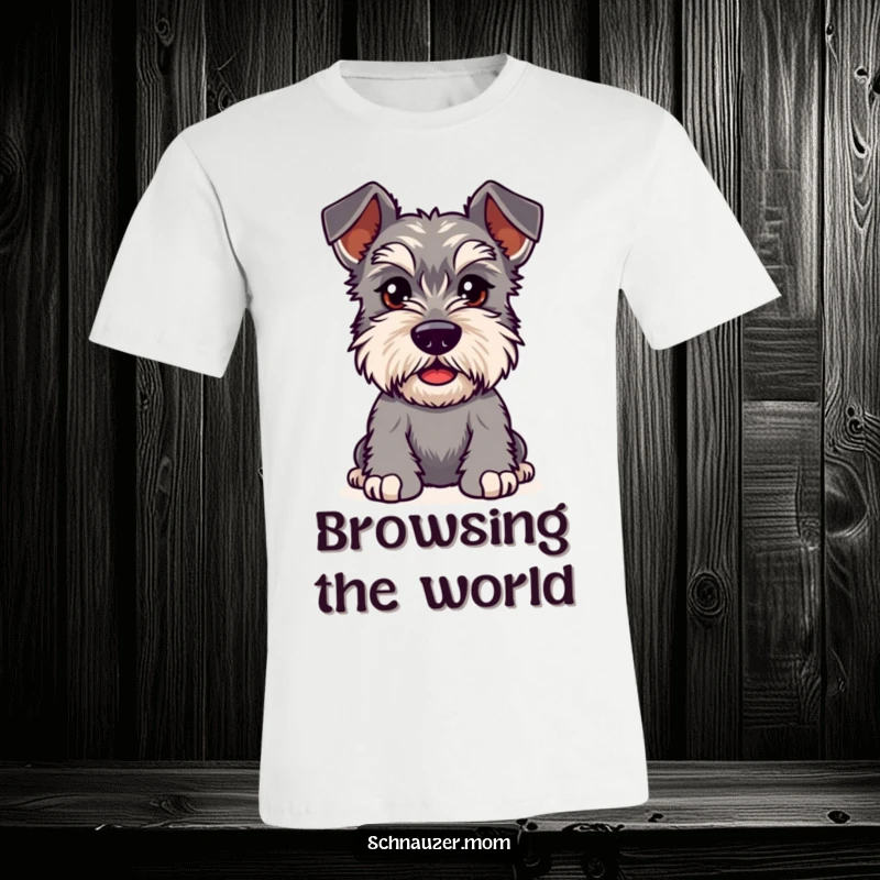 Funny Kawaii Schnauzer t-shirt, dog with bushy eyebrows furrowed in playful curiosity, symbolizing inquisitive and fun nature.