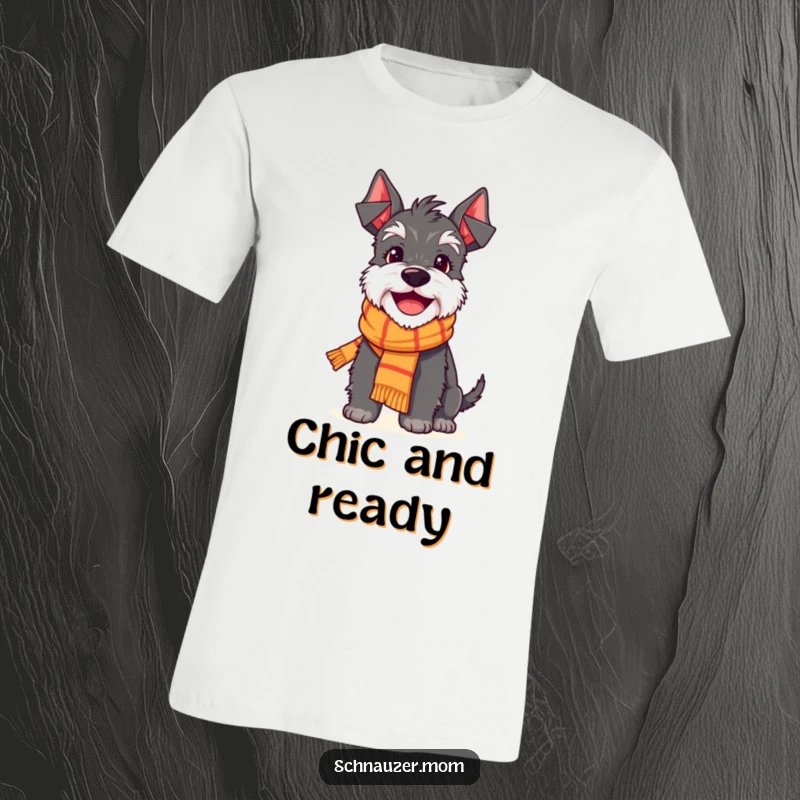 Funny Schnauzer t-shirt depicting a very happy dog character adorably dressed in a small scarf, smiling with pure delight.