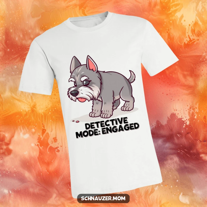 Funny Schnauzer Lady T-Shirt showing a dog engrossed in sniffing the ground with great interest. A funny gift for explorers.