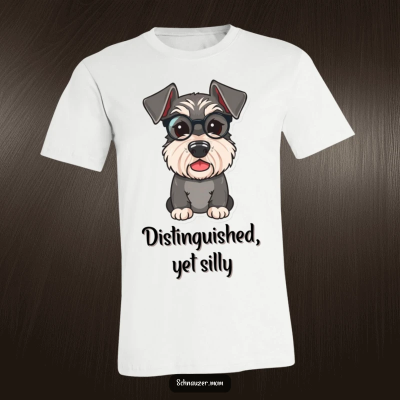 Funny Schnauzer T-shirt of a cute dog wearing a tiny monocle, looking both distinguished and playfully mischievous.