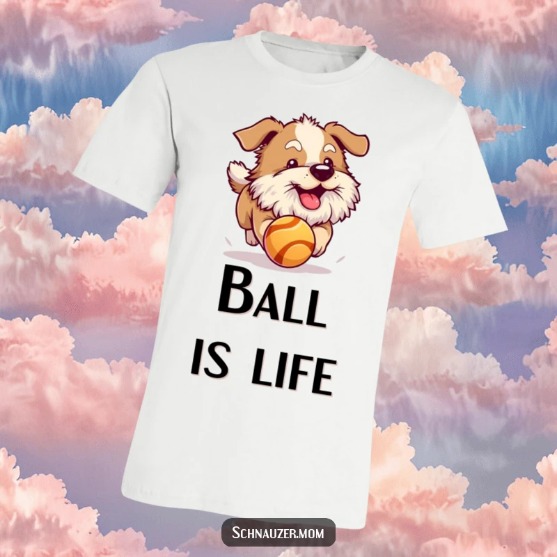 Funny dog with a prominent fluffy beard, chasing a bouncing ball with pure excitement. Great t-shirt.