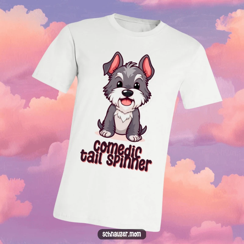 Funny Kawaii Schnauzer T-shirt showing a dog in a comical pose with a joyful wag, perfect for expressing playfulness.