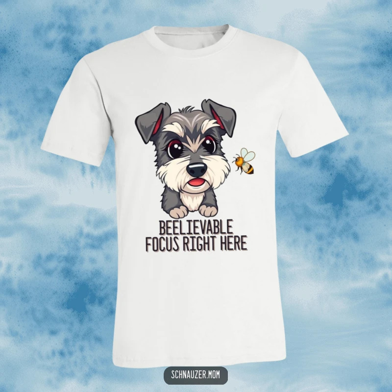 Funny Kawaii Schnauzer T-Shirt, alert eyes intently watching a bee, a humorous statement piece.