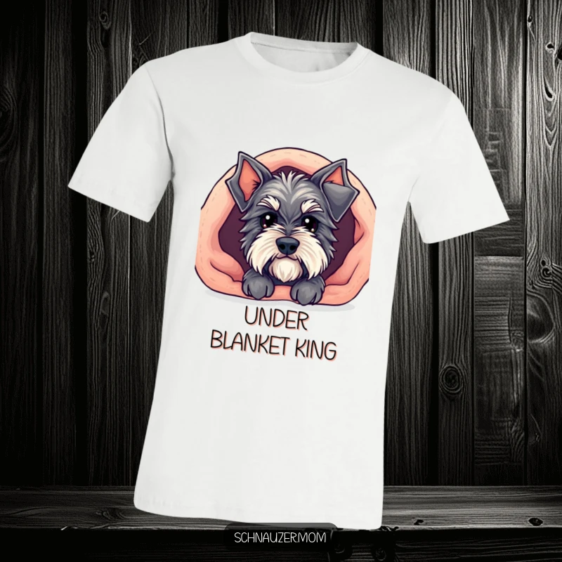 Funny Kawaii Schnauzer t-shirt with a cute dog peeking out from under a cozy blanket, perfect for expressing a love of comfort.
