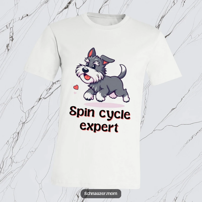 Funny Kawaii Schnauzer t-shirt depicting a cute dog chasing its tail with dizzying delight, perfect for expressing playful energy.