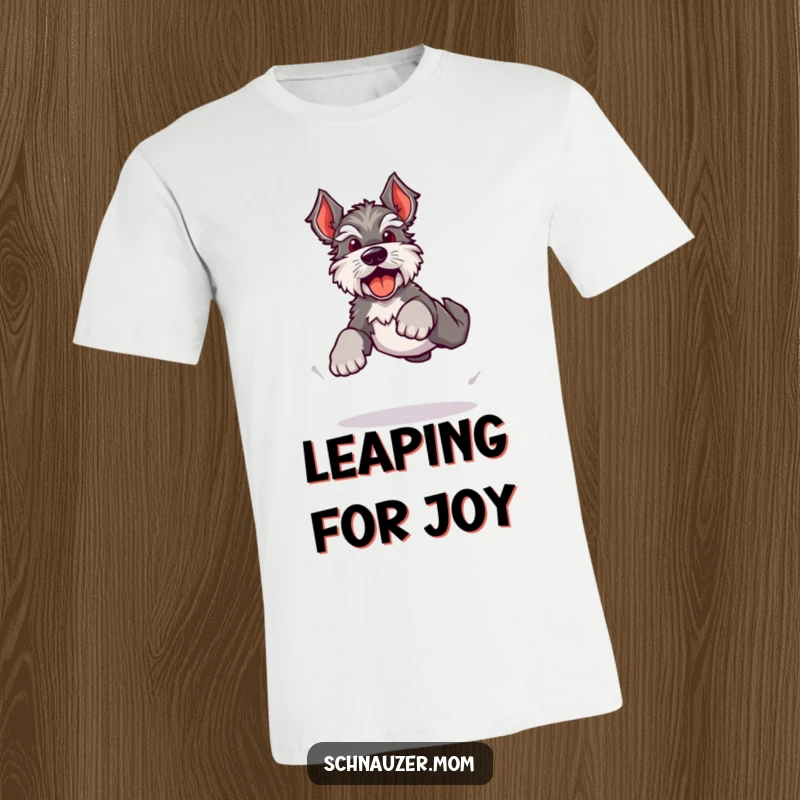 Funny Kawaii Schnauzer t-shirt, dog doing a bouncy, energetic leap with happy barks, symbolizing pure joy and excitement.