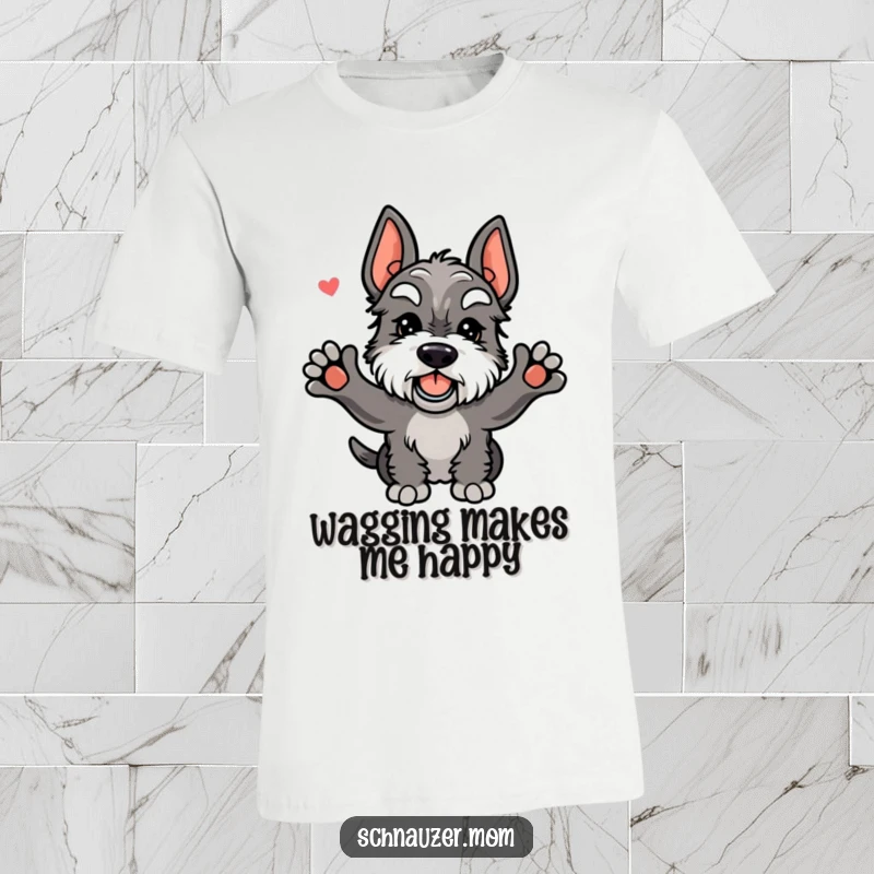 Funny Kawaii Schnauzer t-shirt depicting a happy dog with an enthusiastically wagging tail, radiating pure, joyful energy.