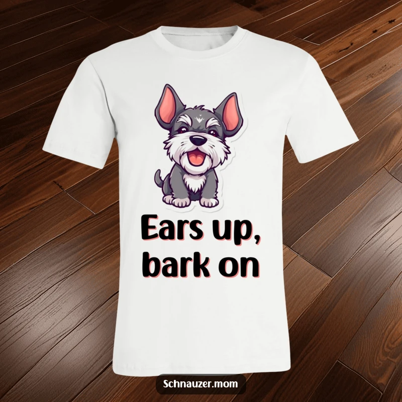 Funny Kawaii Schnauzer t-shirt, ears held high, barking with glee, showcasing a happy and energetic dog, ideal for gifts.
