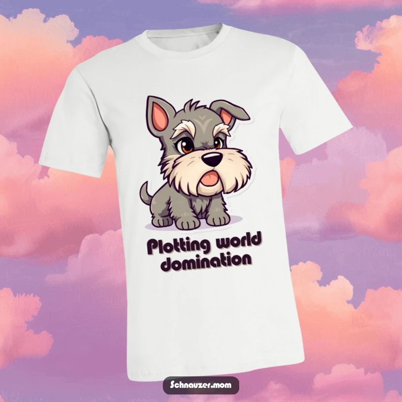 Funny Schnauzer t-shirt showcasing a cunning dog character with a mischievous sparkle in its eyes, hinting at playful trouble.