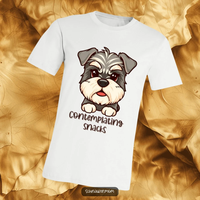 Funny Pensive Schnauzer T-Shirt, featuring a scruffy Schnauzer with expressive bushy eyebrows lost in deep thought.