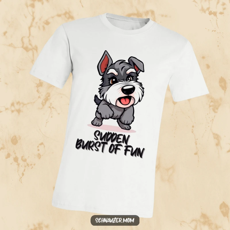 Funny Schnauzer T-shirt depicting an energetic dog in a playful pounce, perfect for active dog lovers.