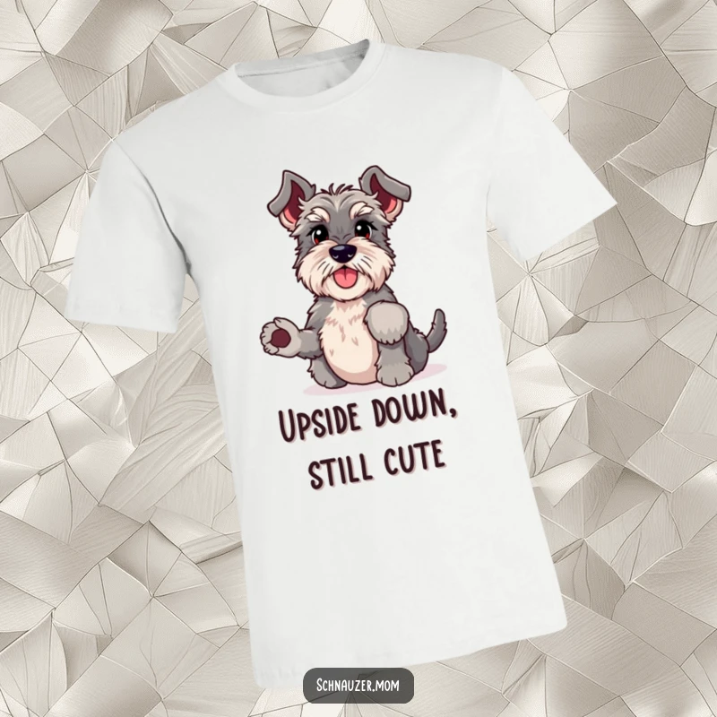 Funny Schnauzer t-shirt performing a yoga headstand with flailing paws, illustrating a comical and energetic dog for humorous apparel gift.