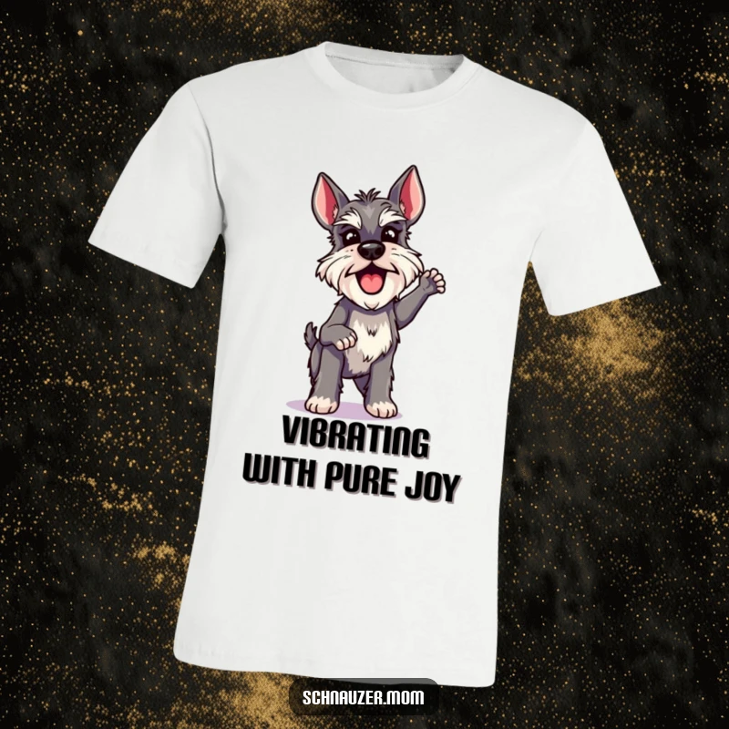 Funny Schnauzer Lady T-Shirt, doing a quick and energetic shake with pure excitement, showcasing a lively dog.
