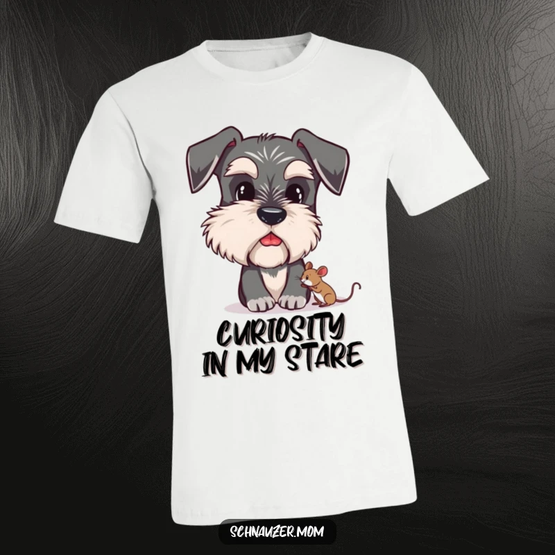 Funny Schnauzer t-shirt with a cute dog showing off bushy eyebrows while curiously observing a small mouse.