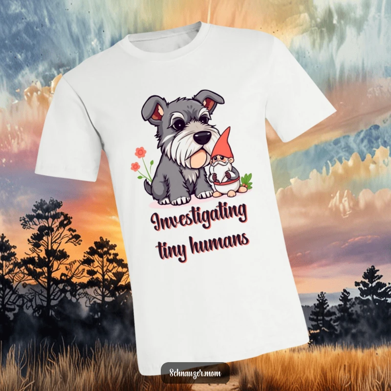Funny Schnauzer T-shirt of a curious dog investigating a garden gnome, perfect for whimsical dog and gnome enthusiasts.