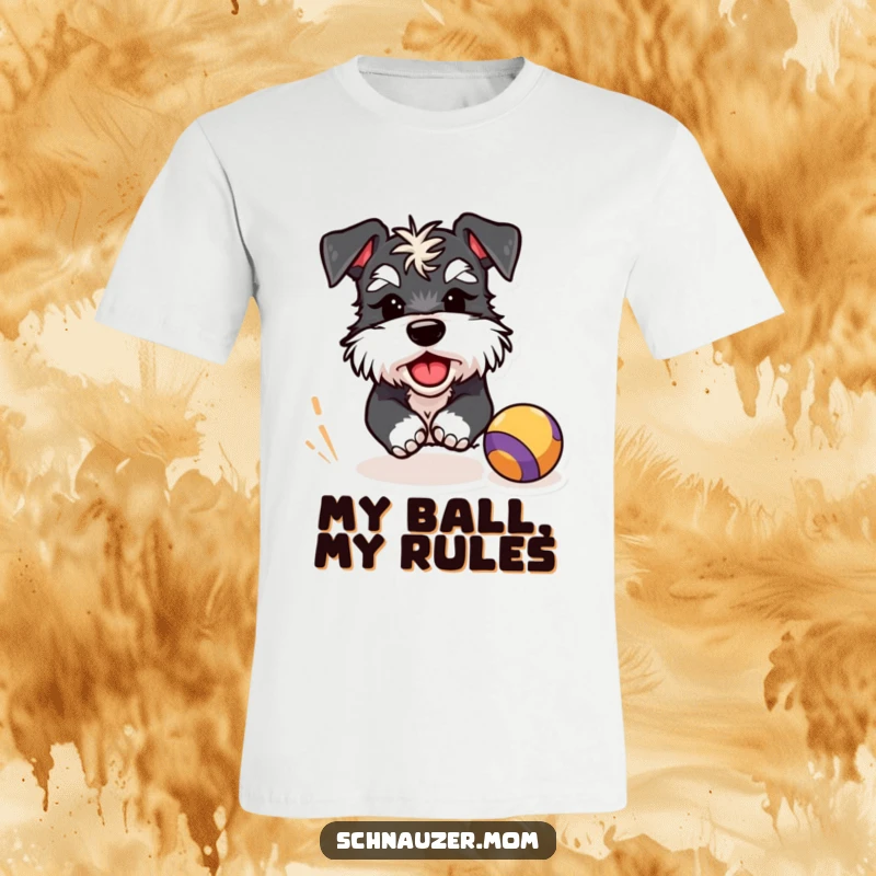 Funny Schnauzer t-shirt showing a charming Schnauzer winking excitedly, capturing the pure, unadulterated fun of chasing a bouncing ball.