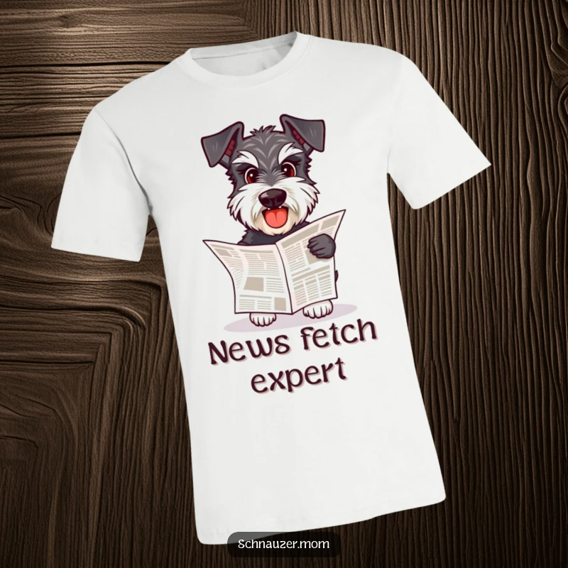 Funny Schnauzer dog happily fetching a small newspaper, showcasing its helpful and energetic nature on a t-shirt.