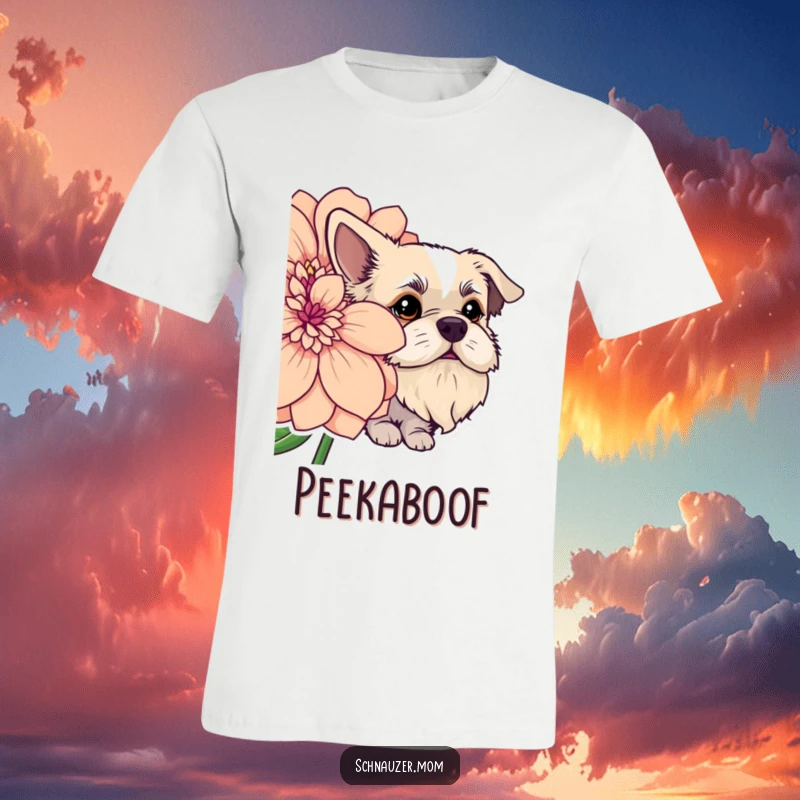 Funny dog with a noticeable beard playing hide-and-seek behind an oversized, colorful flower. Great t-shirt graphic.