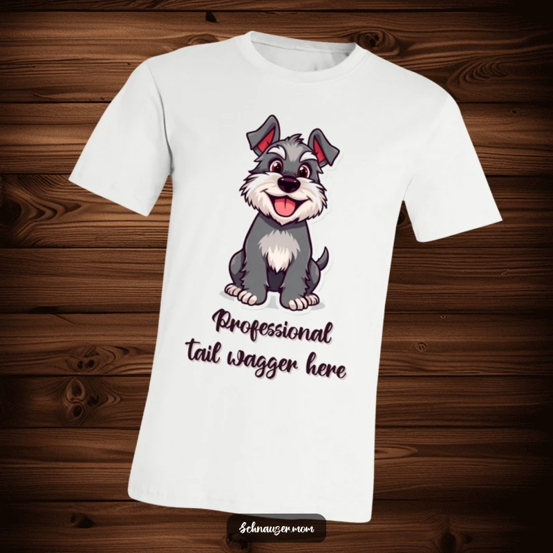 Funny Schnauzer t-shirt showcasing a joyful character with an enthusiastically wagging tail, embodying pure canine delight and playful energy.