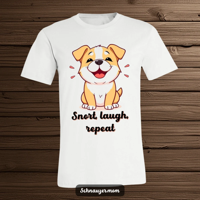 Funny Amused Dog T-Shirt: A dog is shown with a happy expression, visually representing a joyful snort of amusement.