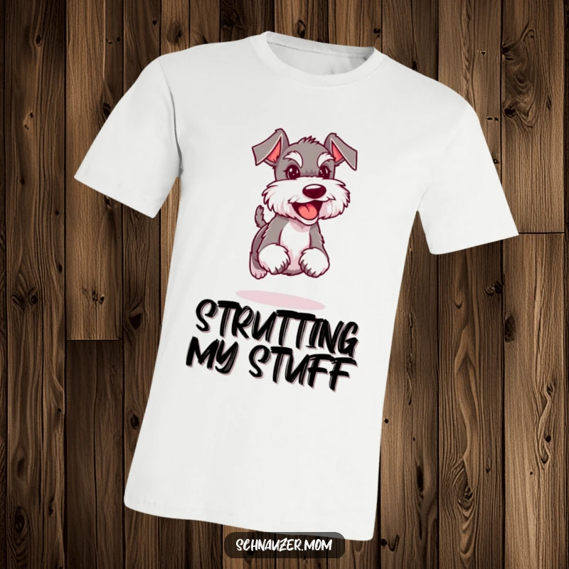 Funny Schnauzer lady t-shirt featuring a dog trotting happily, exuding confidence and a joyful spirit with every step.