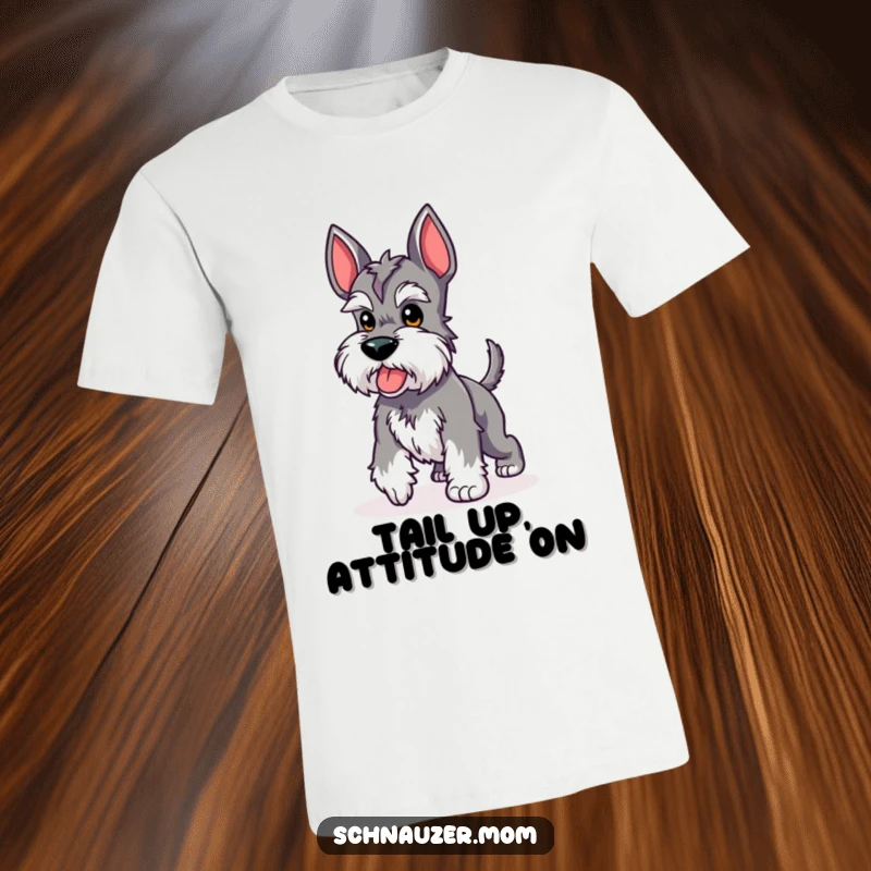Funny Kawaii Schnauzer t-shirt depicting a cute dog performing a proud strut with its stubby tail up, perfect for showing off confidence.