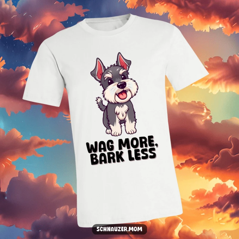 Funny Schnauzer dog wagging its bristly tail with pure joy on a comfortable t-shirt.