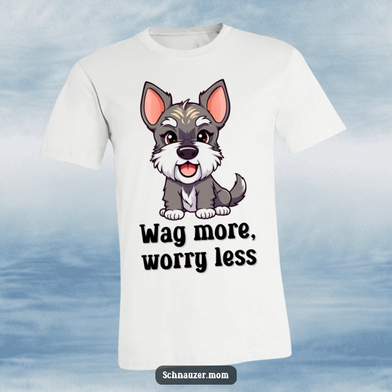 Funny Schnauzer Lady T-Shirt showcasing a cheerful dog with a sly smirk and a happily wagging tail. A great funny gift idea.