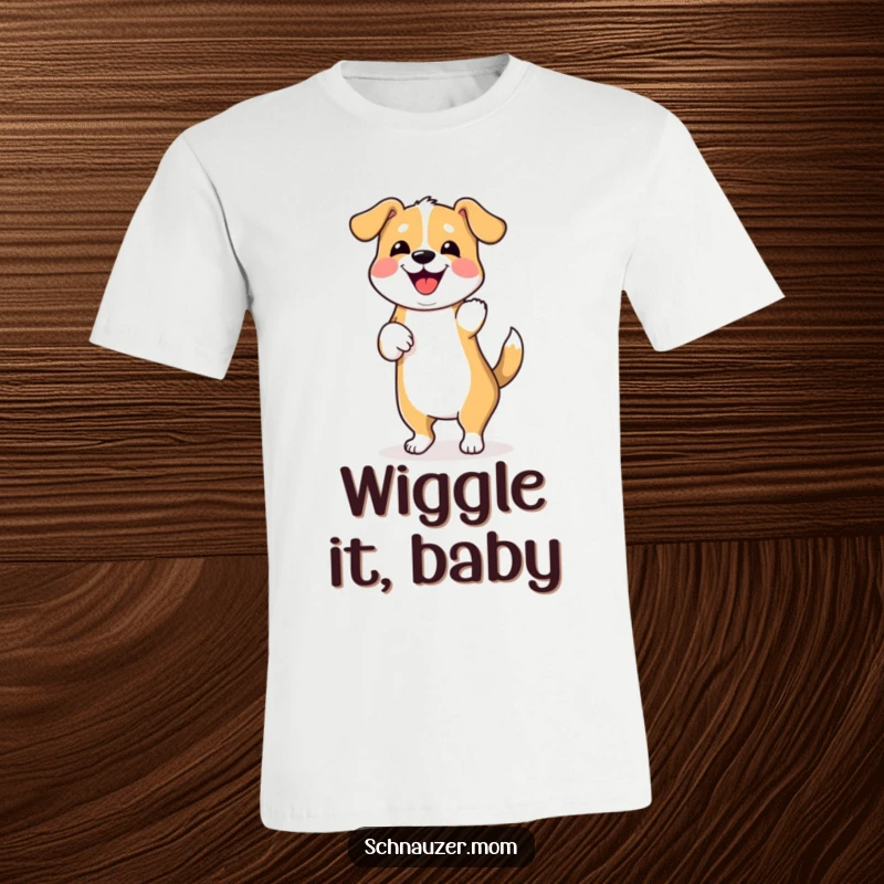 Funny t-shirt with a dog doing a happy dance, wiggling its hindquarters, illustrating pure joy and celebration, a great gift.