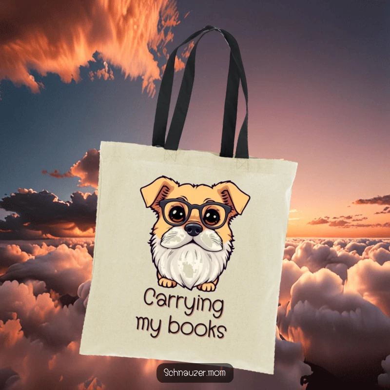Funny dog with a distinguished beard and tiny spectacles, looking curious. Ideal tote bag.