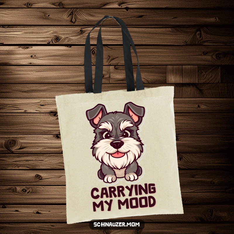 Funny Schnauzer tote bag featuring a dog with a friendly yet grumpy smile, perfect for carrying items with relatable flair.