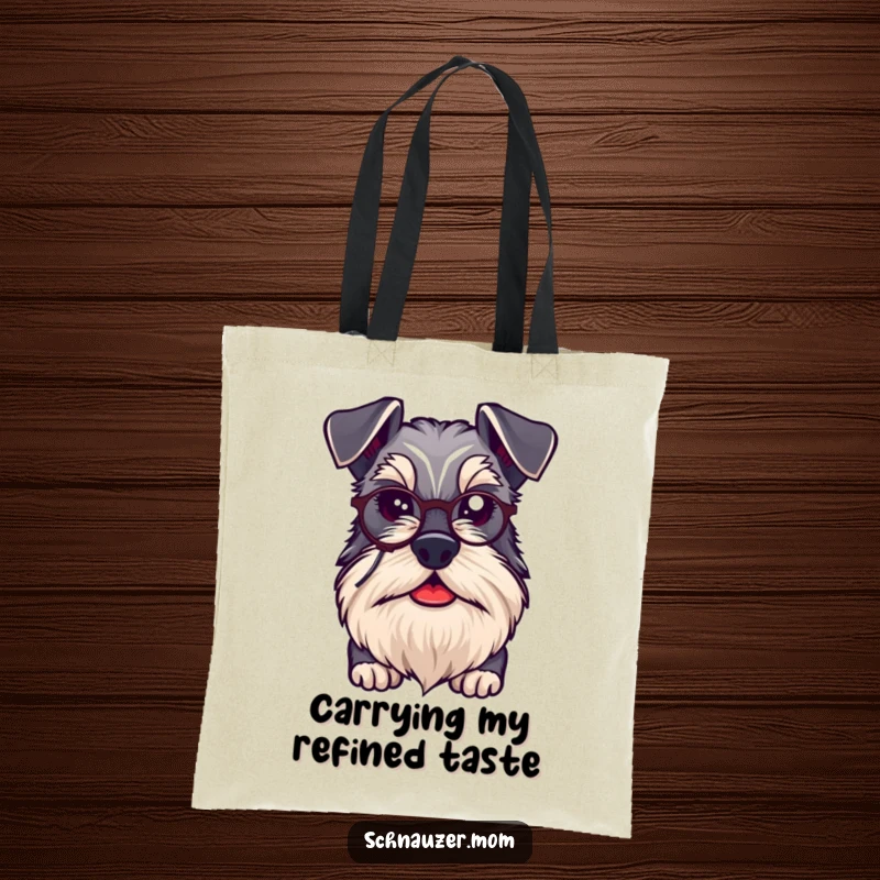 Funny kawaii Schnauzer dog carrying a tote bag, looking distinguished with a beard and a tiny monocle, perfect for refined outings.