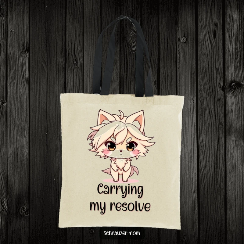 Funny Tote Bag: Character with fur blowing in the wind, looking determined, perfect for carrying essentials with grit and humor, a great funny gift.