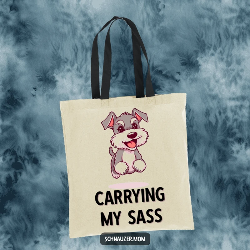 Funny Schnauzer lady tote bag depicting a dog confidently trotting with a happy expression, ready to carry your items with joy.