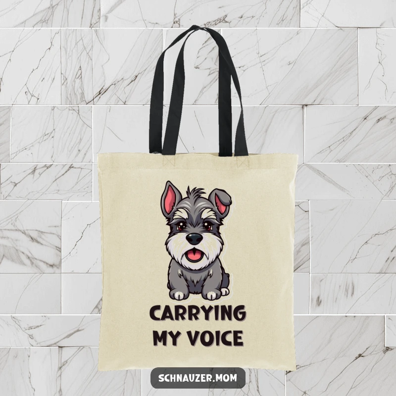Funny Schnauzer tote bag featuring a sturdy dog with bushy eyebrows barking enthusiastically, conveying pure happiness and energy.